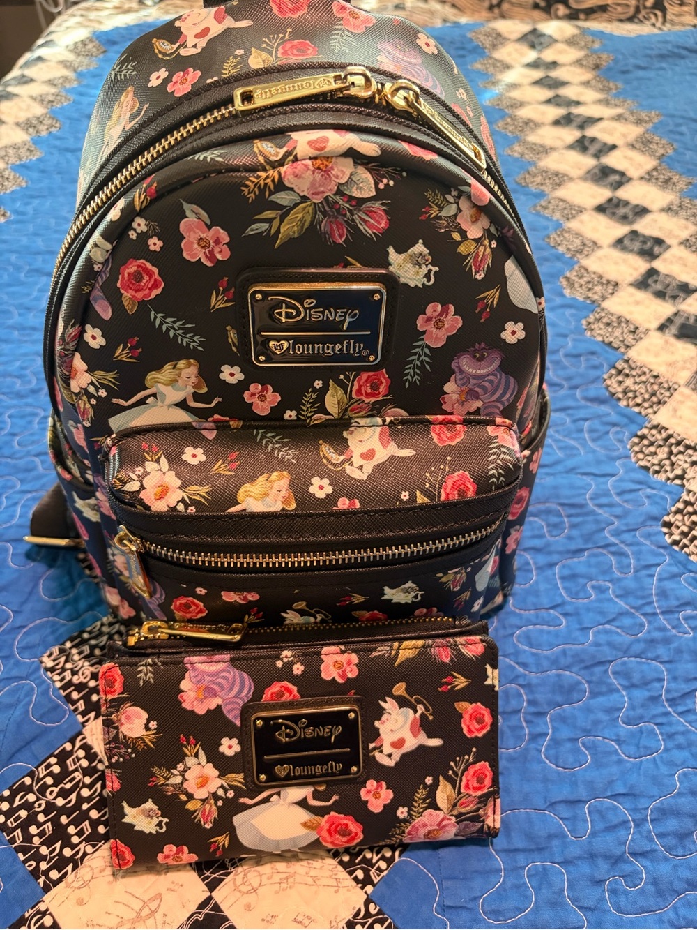 Alice in Wonderland AOP Heart Logo Loungefly Backpack and Wallet
